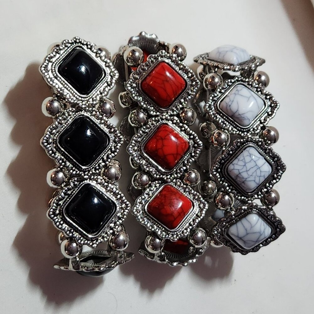 THREE FOR $20 Bracelet Silver Tone costume choice of color black red white NEW